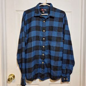 A Zone Blue Black Plaid Flannel Long Sleeved Button Up Gorpcore Workwear Size L